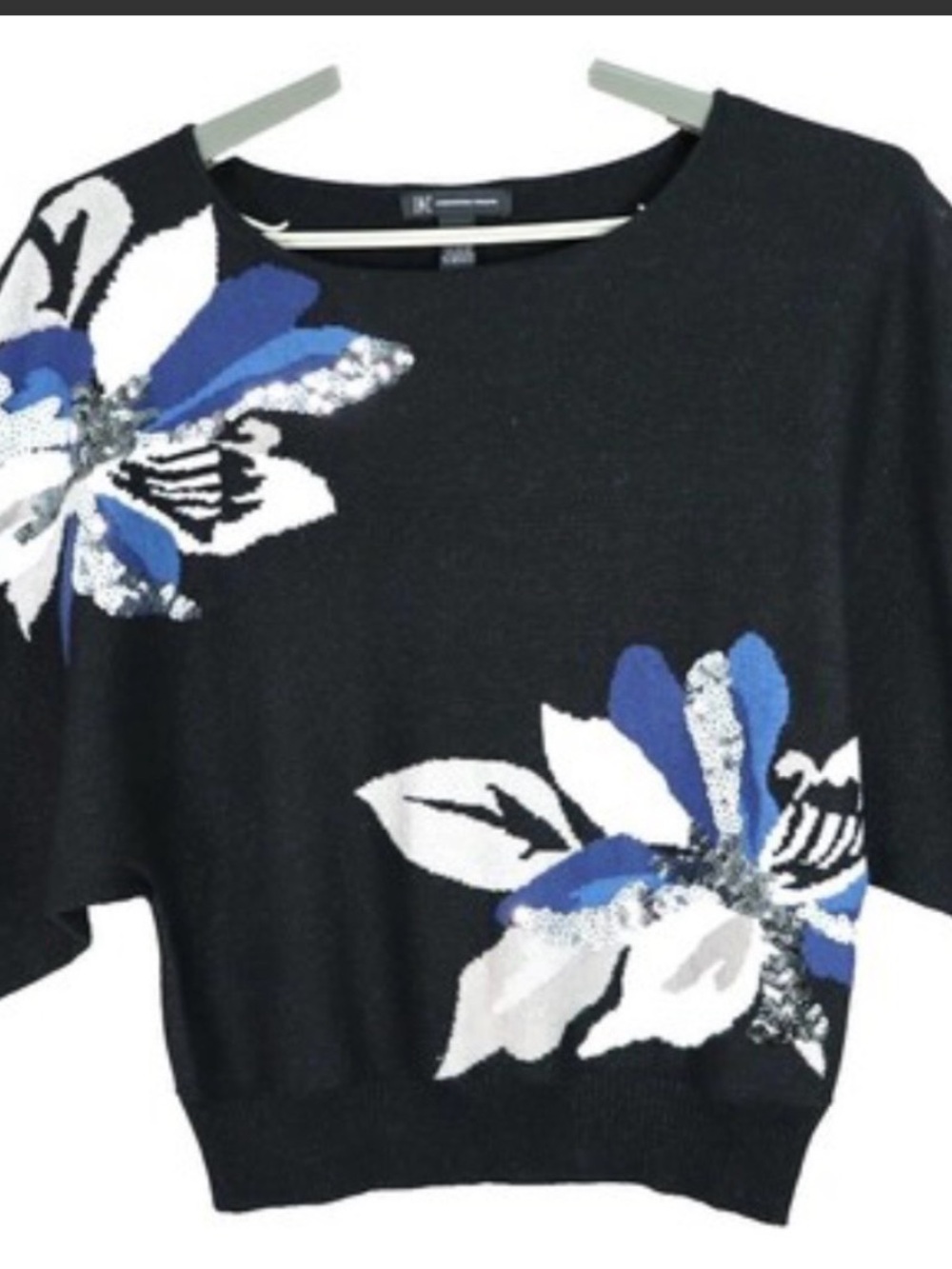 INC International Concepts Black Knit Top with Blue & White Flower Detail